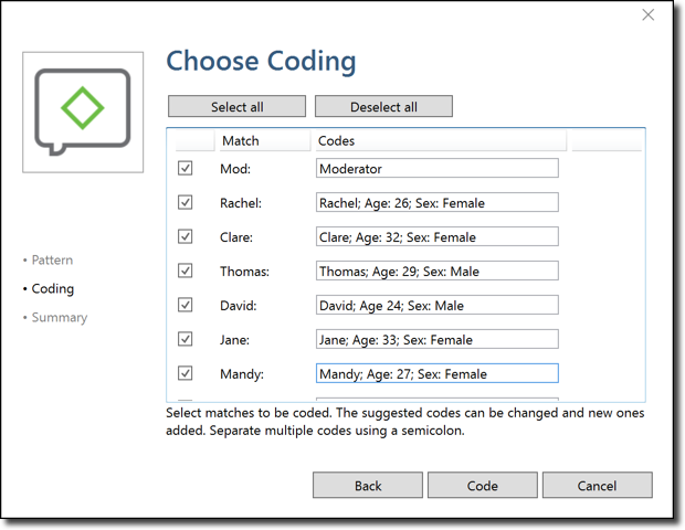Figure 5. Select the matches to be coded and enter the code name(s) (ATLAS.ti 8 Windows)