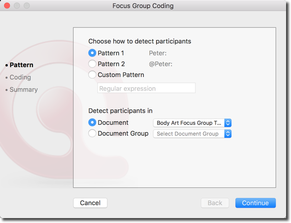 Figure 4. Select the pattern you followed for identifying participants (in ATLAS.ti 8 Mac)