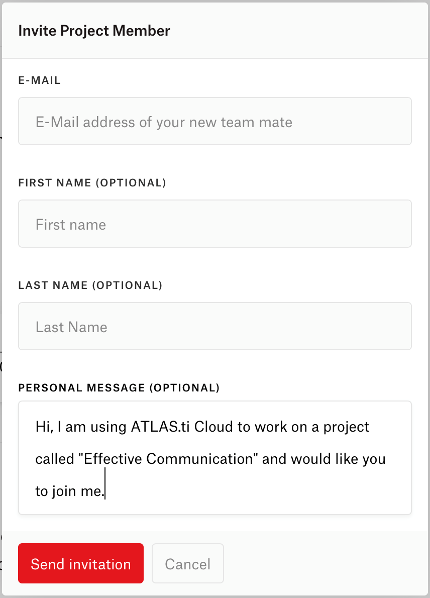 Figure 2: Add new project member and write them a personalized message