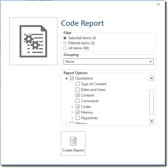 Figure 3. Code report dialogue in ATLAS.ti 8 Windows