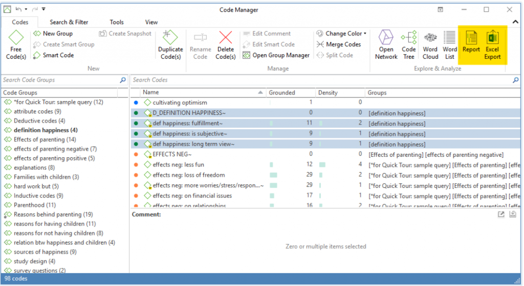 Figure 1. Report options from Code Manager in ATLAS.ti 8 Windows