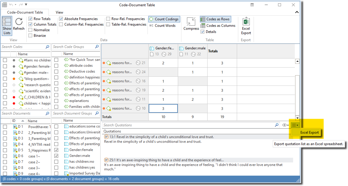 Figure 13. Export quotation list to Excel from Code-Document Table in ATLAS.ti 8 Windows